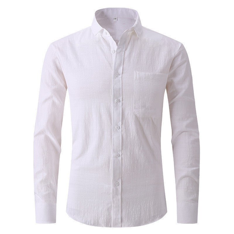 Men's white cotton and linen slim fitting dress shirt, long sleeved, solid color, business style.
