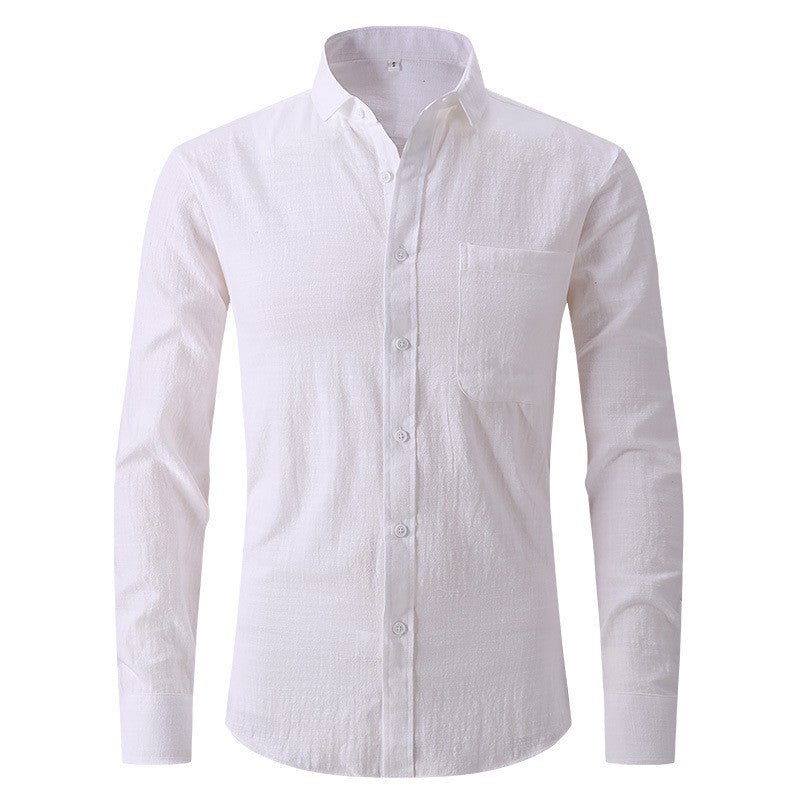 Men's Cotton And Linen Solid Color Long Sleeved Business Slim Fitting Dress - GIGI & POPO - Men - White / S