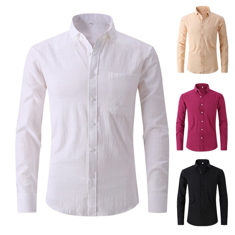 Men's long-sleeved business shirt in cotton and linen, available in white, khaki, rose red, and black; slim fit with solid colors.
