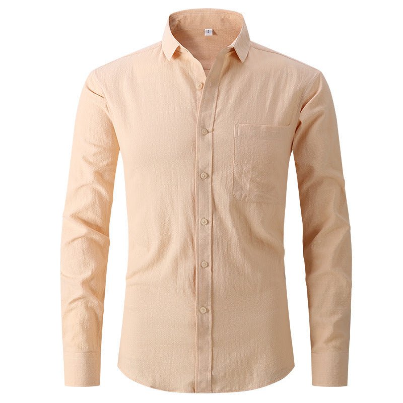 Men's cotton and linen long-sleeved dress shirt, slim fit, solid color, beige.