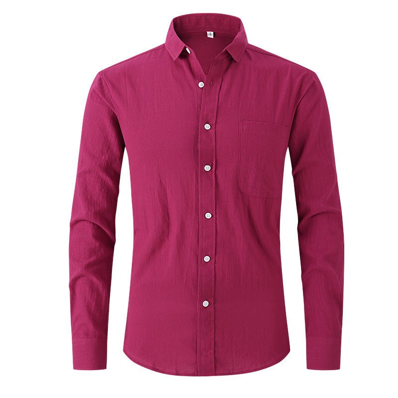 Men's rose red linen solid color long-sleeved business slim fitting dress shirt.