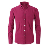Men's Cotton And Linen Solid Color Long Sleeved Business Slim Fitting Dress - GIGI & POPO - Men - Rose Red / S