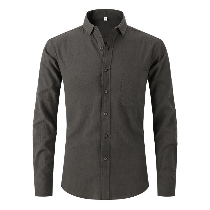 Men's long-sleeved dark grey cotton and linen slim business dress shirt.