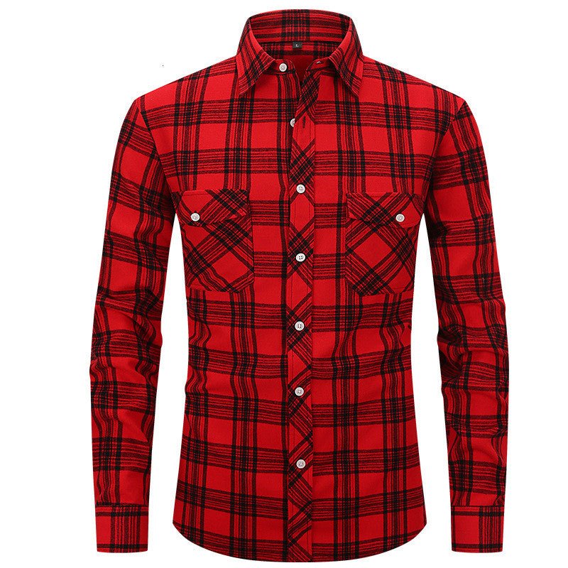 Men's Long Sleeve Double Pocket Flannel Shirt With Brushed Plaid - GIGI & POPO - Men - Black and red / S