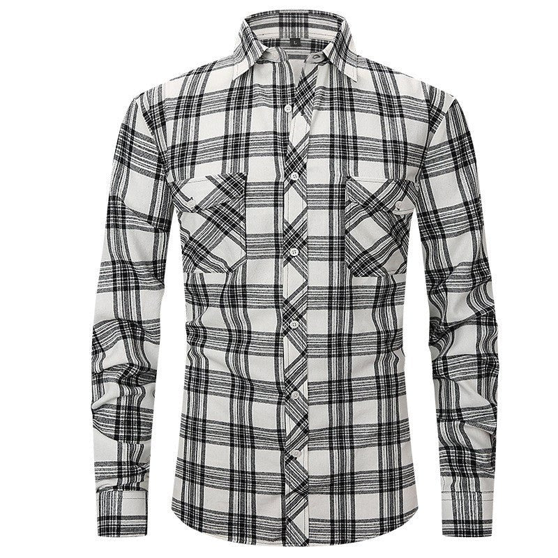 Men's Long Sleeve Double Pocket Flannel Shirt With Brushed Plaid - GIGI & POPO - Men - White black / S