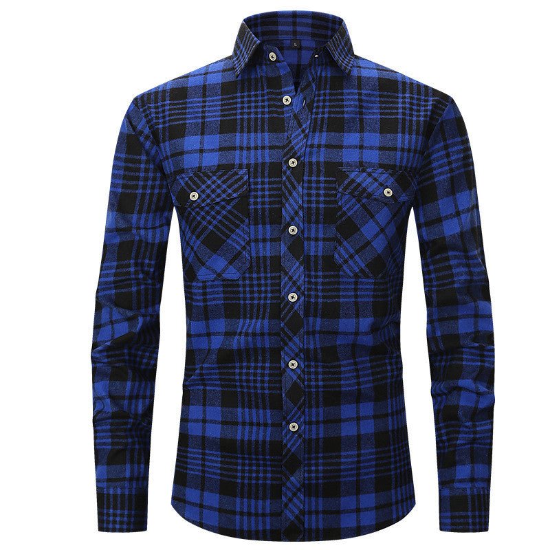 Men's Long Sleeve Double Pocket Flannel Shirt With Brushed Plaid - GIGI & POPO - Men - Blue black / S