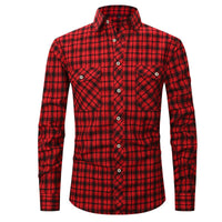 Men's Long Sleeve Double Pocket Flannel Shirt With Brushed Plaid - GIGI & POPO - Men - Red black / S