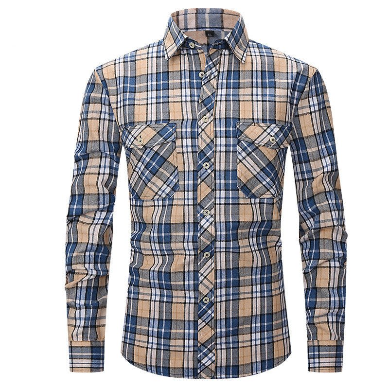 Men's Long Sleeve Double Pocket Flannel Shirt With Brushed Plaid - GIGI & POPO - Men -