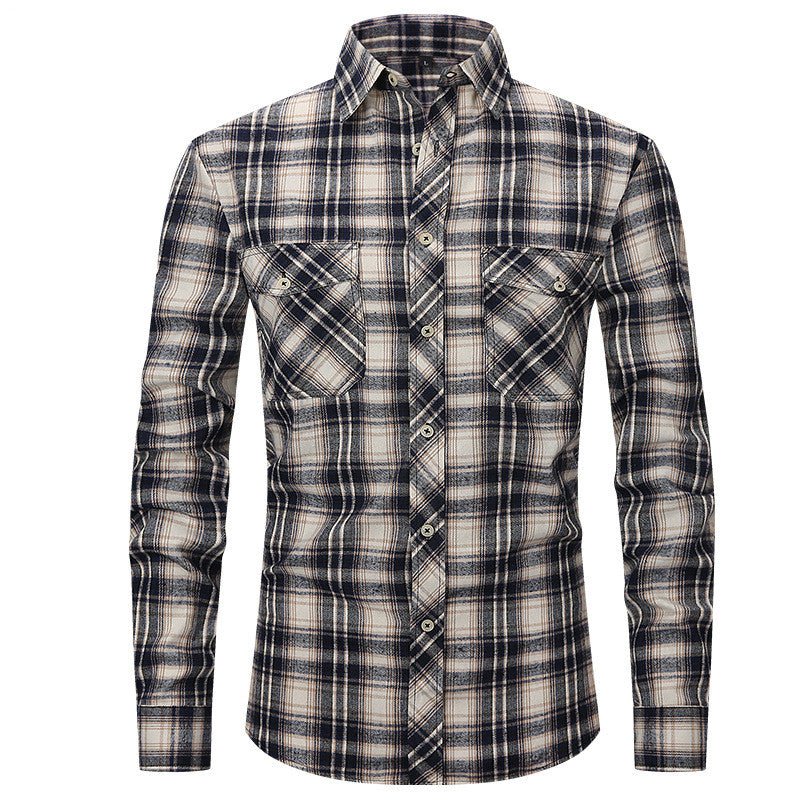 Men's Long Sleeve Double Pocket Flannel Shirt With Brushed Plaid - GIGI & POPO - Men - Dark blue rice / S