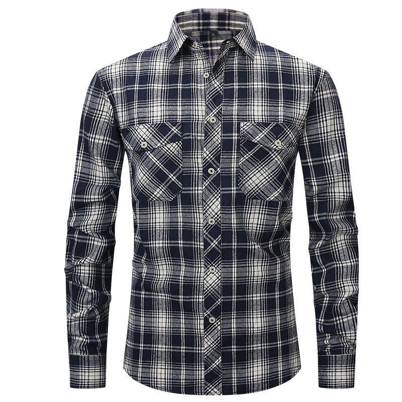 Men's Long Sleeve Double Pocket Flannel Shirt With Brushed Plaid - GIGI & POPO - Men - Navy blue / S