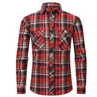 Men's Long Sleeve Double Pocket Flannel Shirt With Brushed Plaid - GIGI & POPO - Men - Bright red green / S