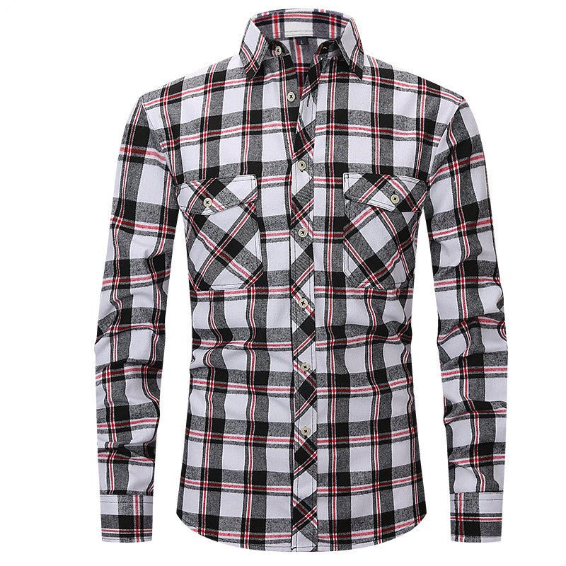 Men's Long Sleeve Double Pocket Flannel Shirt With Brushed Plaid - GIGI & POPO - Men - Baijiu red / S
