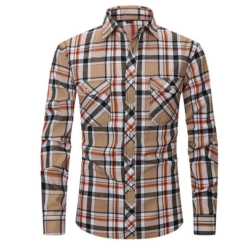 Men's Long Sleeve Double Pocket Flannel Shirt With Brushed Plaid - GIGI & POPO - Men - Rice black / S