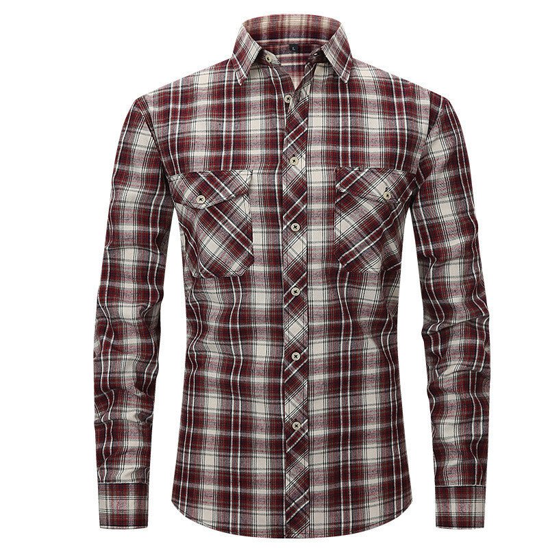 Men's Long Sleeve Double Pocket Flannel Shirt With Brushed Plaid - GIGI & POPO - Men - Wine red rice / S