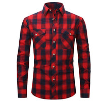 Men's Long Sleeve Double Pocket Flannel Shirt With Brushed Plaid - GIGI & POPO - Men - Red navy blue / S