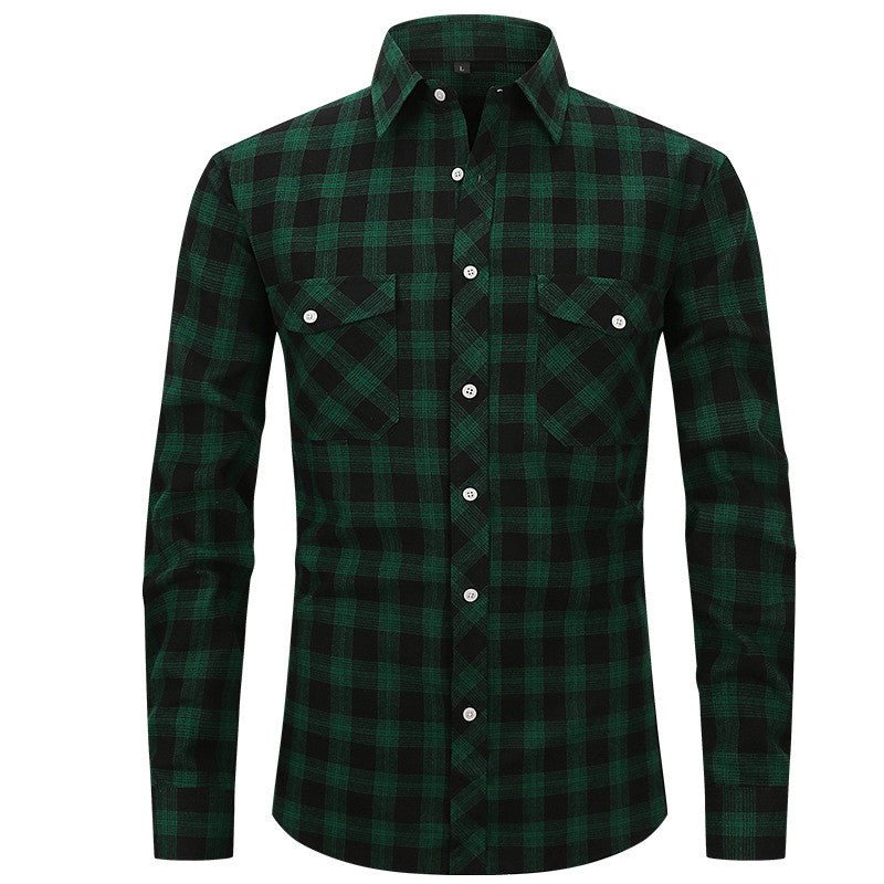 Men's Long Sleeve Double Pocket Flannel Shirt With Brushed Plaid - GIGI & POPO - Men - Green black / S