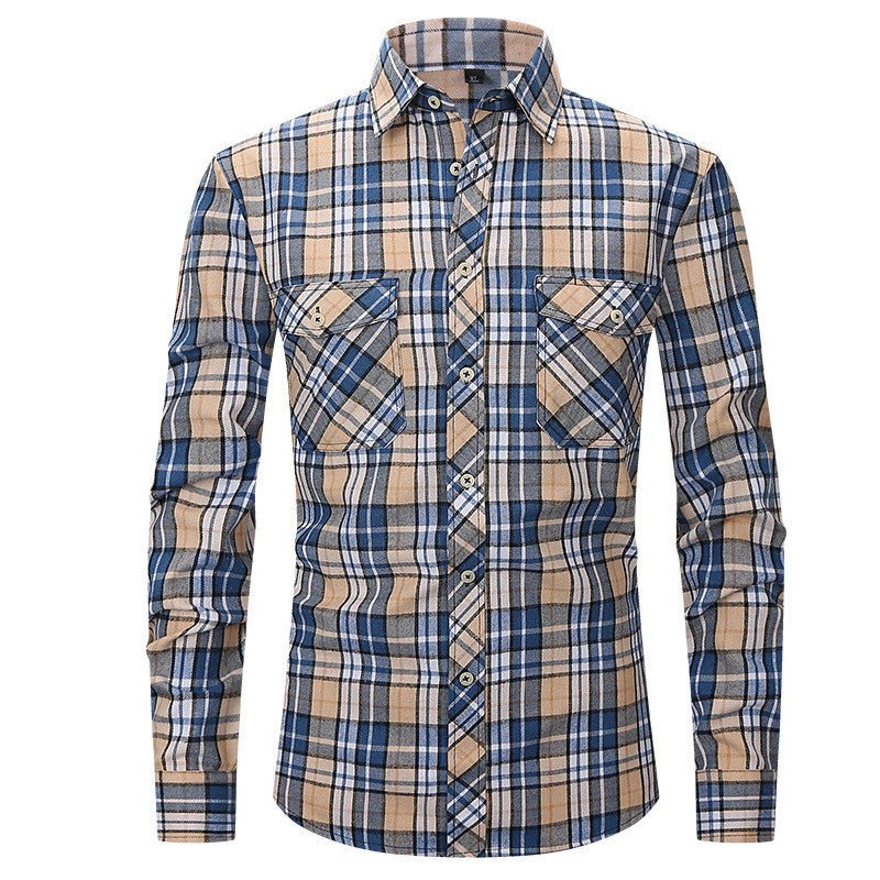 Men's Long Sleeve Double Pocket Flannel Shirt With Brushed Plaid - GIGI & POPO - Men - Blue beige / S
