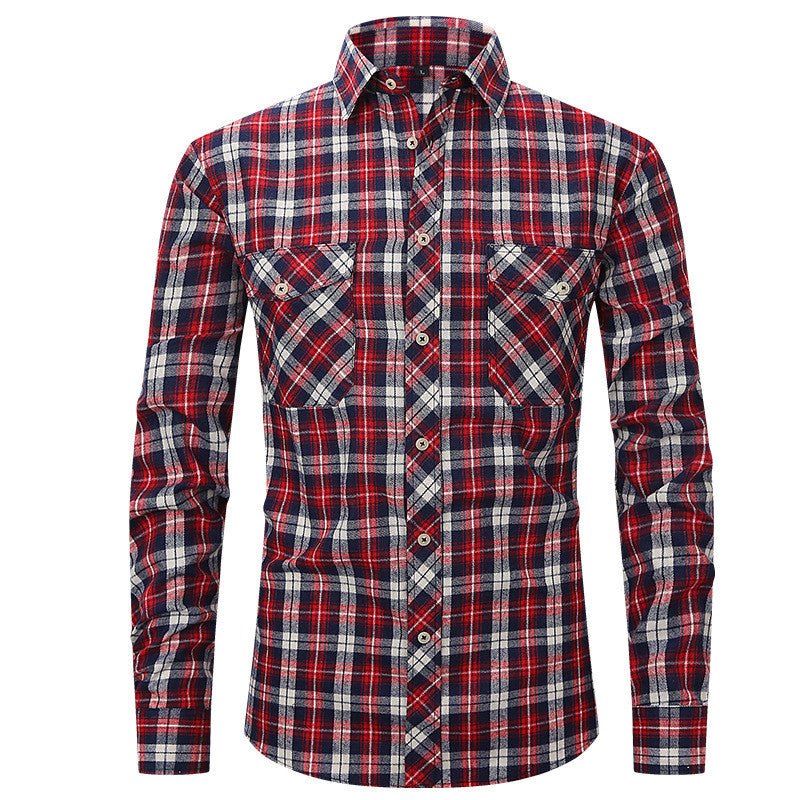 Men's Long Sleeve Double Pocket Flannel Shirt With Brushed Plaid - GIGI & POPO - Men - Wine red dark blue / S