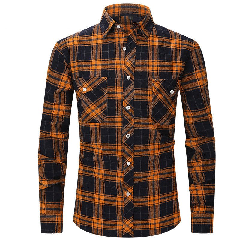 Men's Long Sleeve Double Pocket Flannel Shirt With Brushed Plaid - GIGI & POPO - Men - Orange navy / S