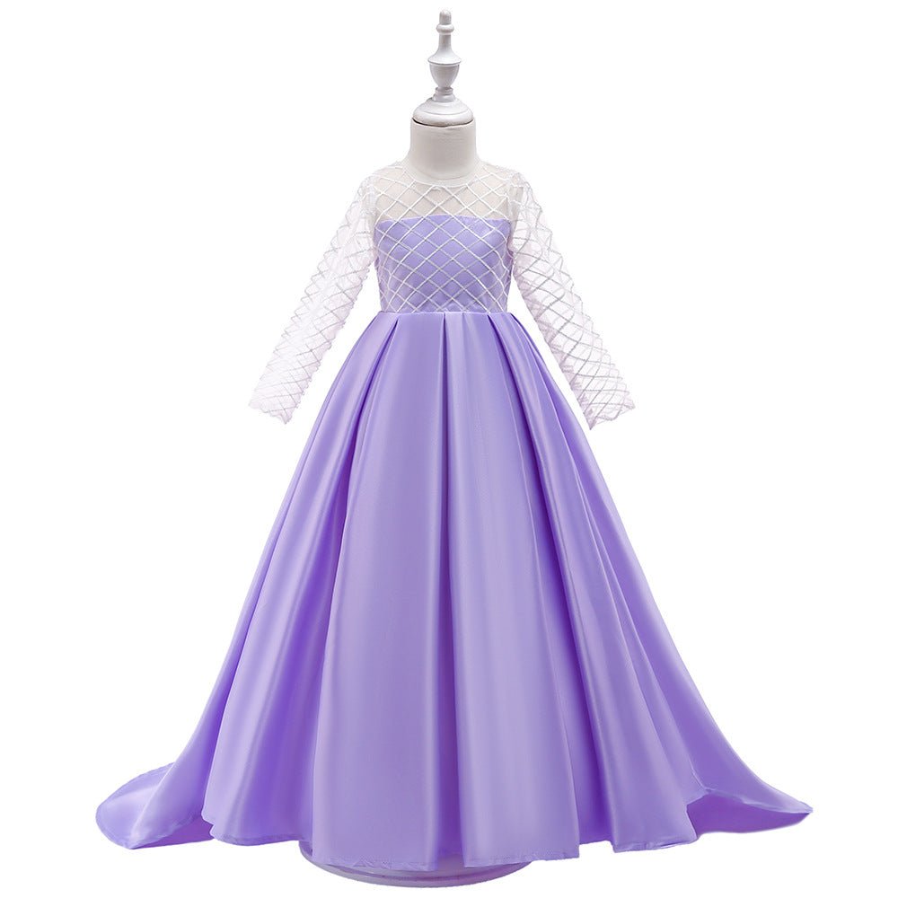 Mesh Long Sleeve Trailing Girls' Dress - GIGI & POPO - Girl Dresses - Light purple / 150cm