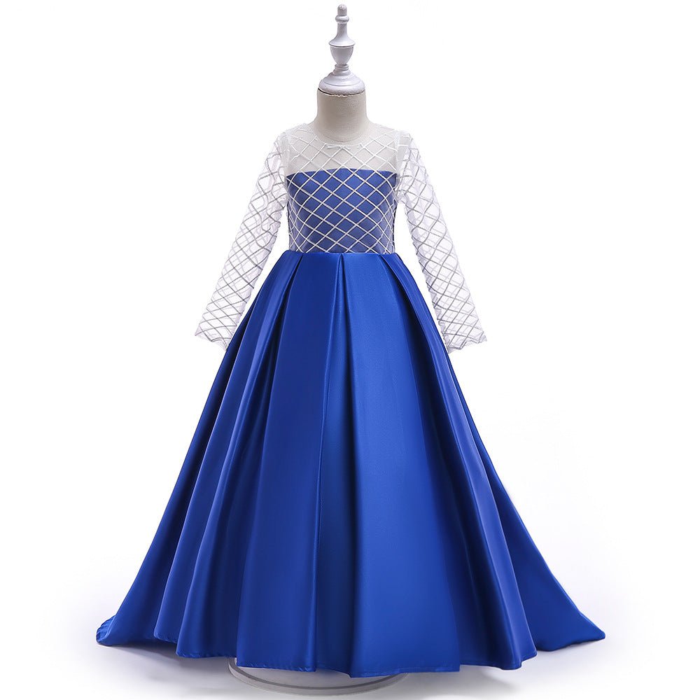 Mesh Long Sleeve Trailing Girls' Dress - GIGI & POPO - Girl Dresses - Color blue / 130cm