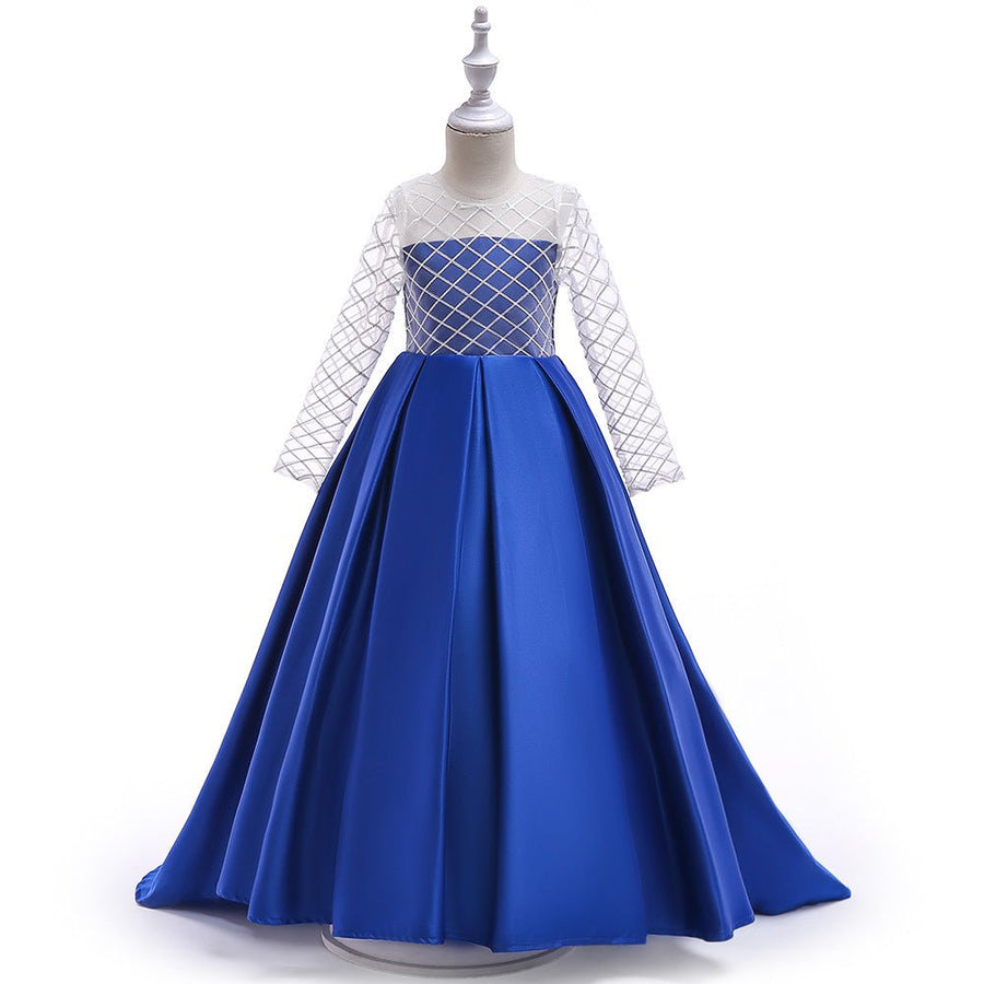 Mesh Long Sleeve Trailing Girls' Dress - GIGI & POPO - Girl Dresses - Color blue / 130cm