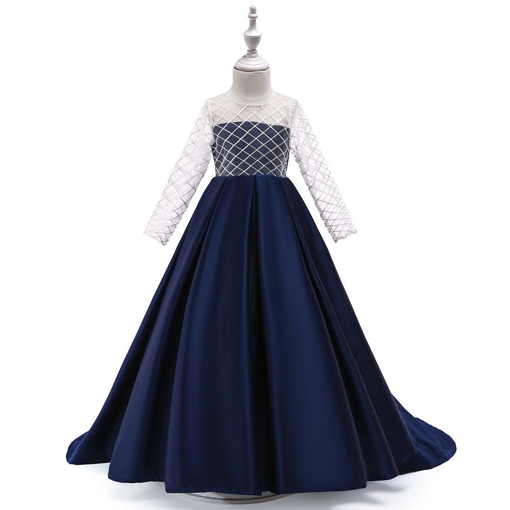 Mesh Long Sleeve Trailing Girls' Dress - GIGI & POPO - Girl Dresses - Navy Blue / 150cm