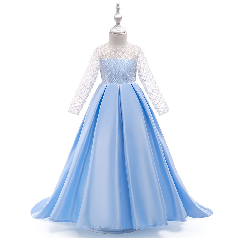 Mesh Long Sleeve Trailing Girls' Dress - GIGI & POPO - Girl Dresses - Sky blue / 150cm