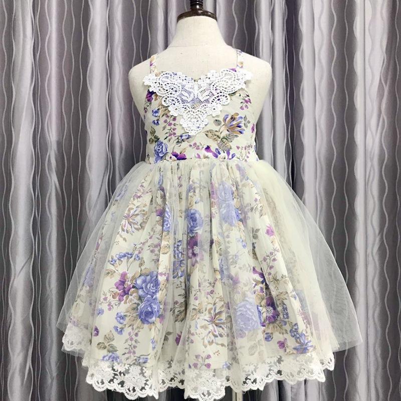 New children's floral foreign trade children's dress sling lace lace skirt girls dress summer European and American children's skirt - GIGI & POPO - Dress - Purple flower / 110