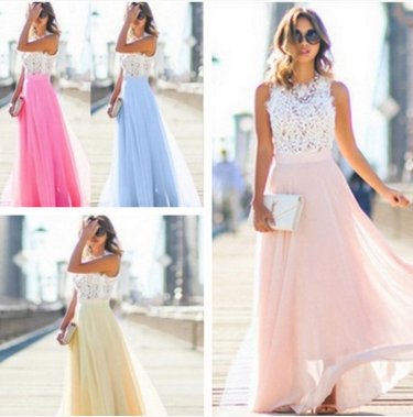 Elegant American lace stitching chiffon overlength dress in pastel colors.