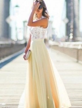 New European and American lace stitching Chiffon overlength dress dress - GIGI & POPO - Women - Yellow / XXL