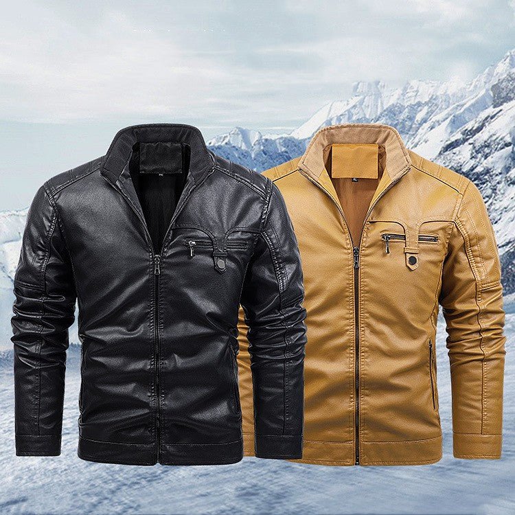 Men's velvet thickened stand collar casual jackets in black and tan with zippers in snowy landscape.