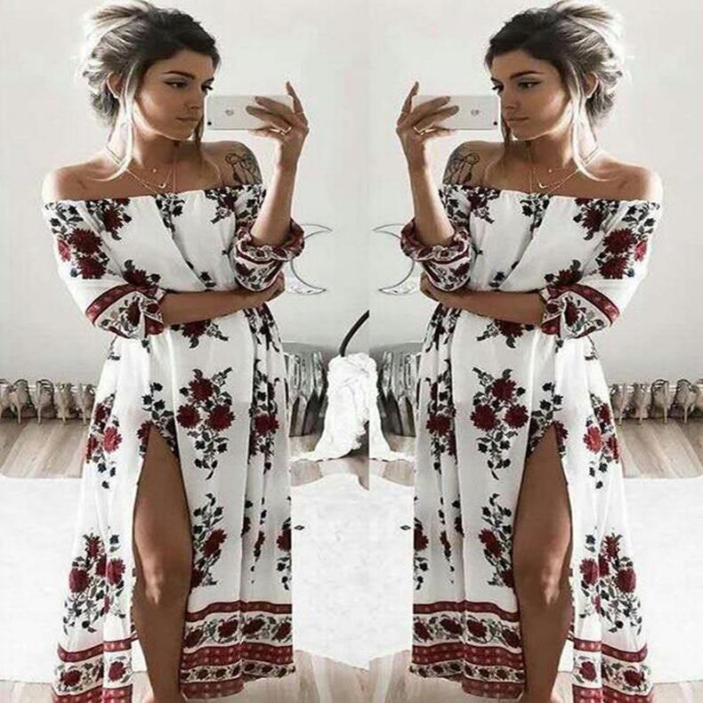 One-shoulder printed elastic waist split long dress - GIGI & POPO - Dress - Picture color / S