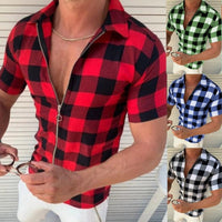 Plaid T Shirt Mens Zipper Short Sleeve Shirts Summer Men Clothing - GIGI & POPO