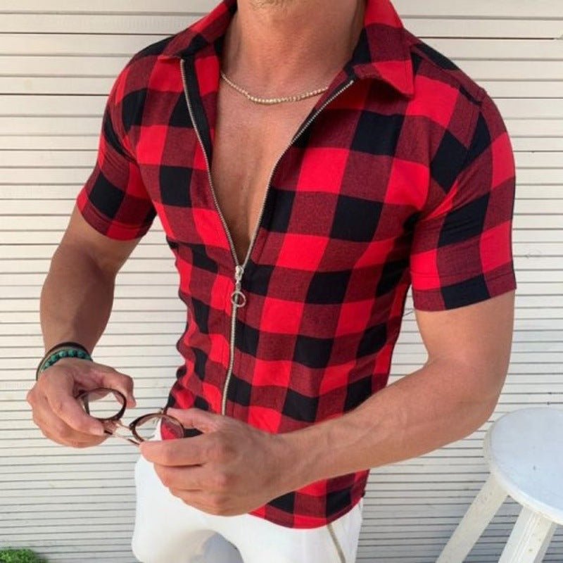 Plaid T Shirt Mens Zipper Short Sleeve Shirts Summer Men Clothing - GIGI & POPO