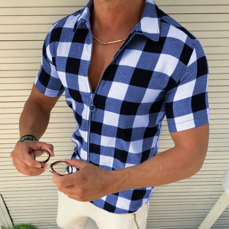 Plaid T Shirt Mens Zipper Short Sleeve Shirts Summer Men Clothing - GIGI & POPO