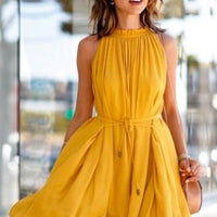 Pleated Halter Sleeveless Dress - GIGI & POPO - Dress - Yellow / L