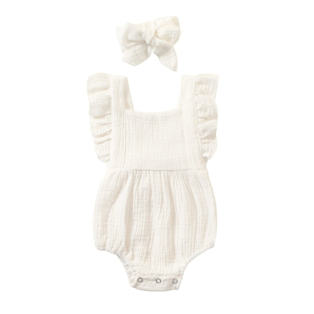 Ruffle Gauze Romper with Bow Headband - GIGI & POPO - Baby & Toddler - White / 6M