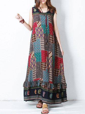 Bohemian printed maxi dress in vibrant patchwork design, sleeveless with round neck, sizes S-5XL.