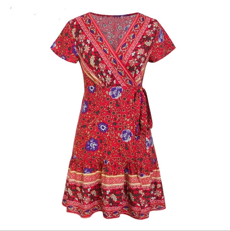 Short sleeve v-neck printed beach dress - GIGI & POPO - Women - gules / XXL