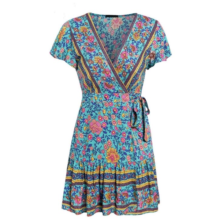 Short sleeve v-neck printed beach dress - GIGI & POPO - Women - Lake blue / XXL