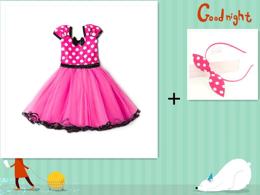 Sleeveless Vest Polka Dot Bow Princess Dress - GIGI & POPO - Baby Girl - Rose red headband set / 100cm