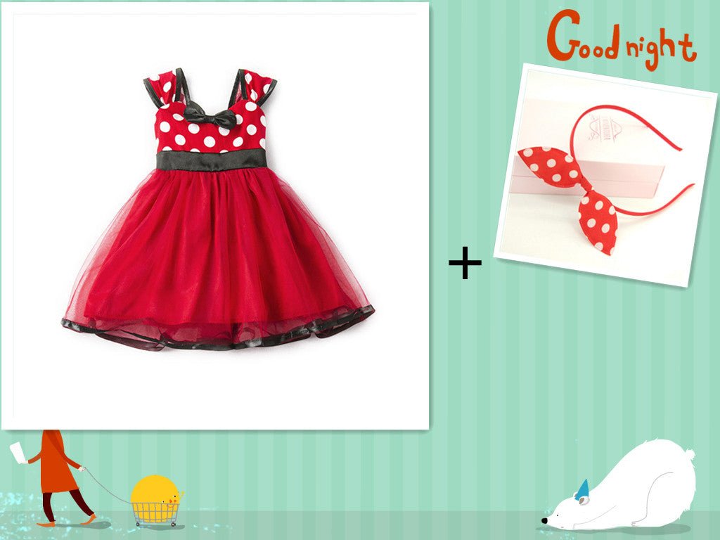 Sleeveless Vest Polka Dot Bow Princess Dress - GIGI & POPO - Baby Girl - Red headband set / 100cm