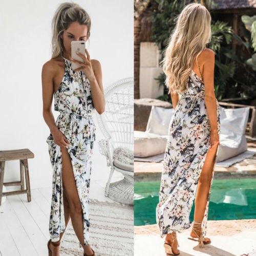 summer explosion hanging neck high design waist dress with floral print and irregular skirt