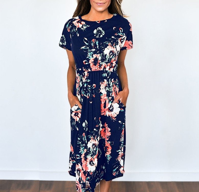 Spring and summer long-sleeved elastic waist flower print dress long skirt - GIGI & POPO - Women - Dark blue 1style / XXL