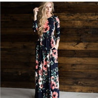 Spring and summer long-sleeved elastic waist flower print dress long skirt - GIGI & POPO - Women - Black / XL