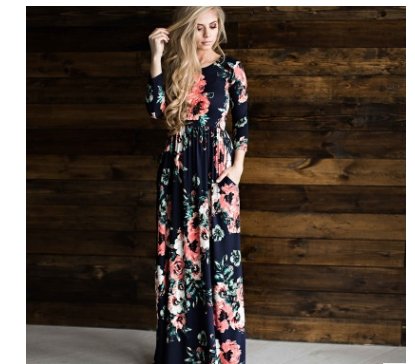 Spring and summer long-sleeved elastic waist flower print dress long skirt - GIGI & POPO - Women - Black / XL