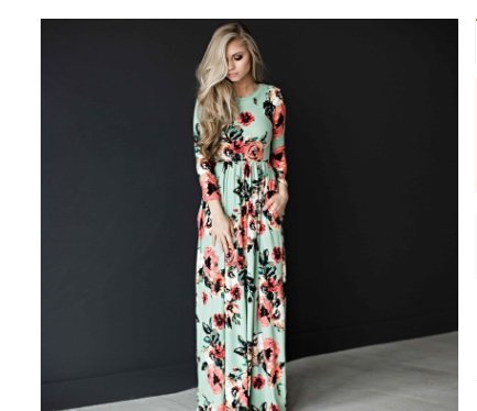 Spring and summer long-sleeved elastic waist flower print dress long skirt - GIGI & POPO - Women - Green / M