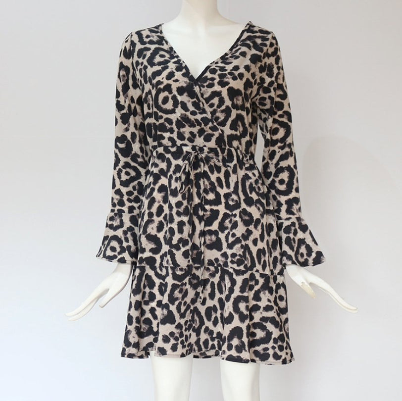 spring hot leopard print V-neck high waist lace ladies chiffon skirt