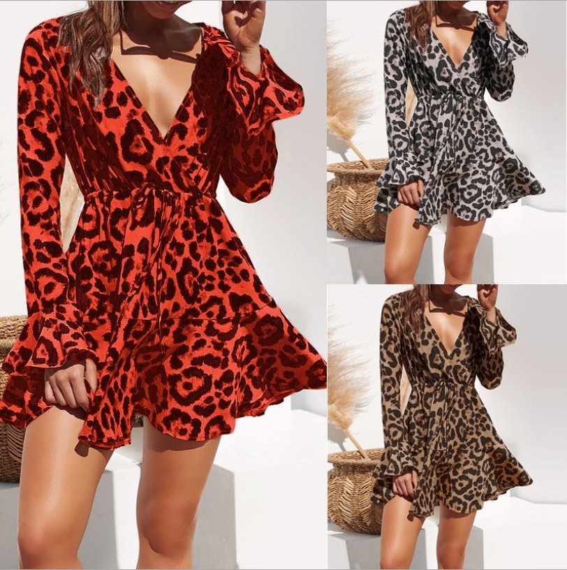 spring hot leopard print V-neck high waist lace ladies chiffon skirt